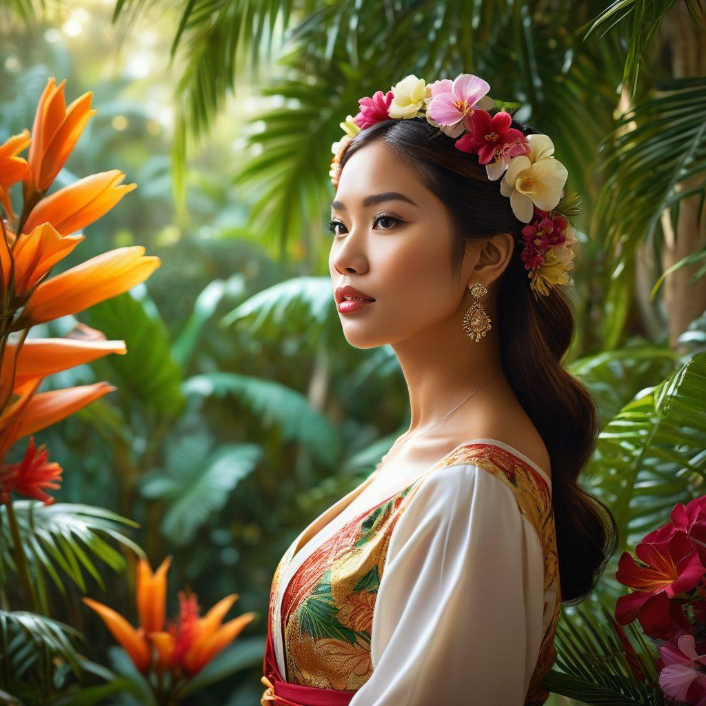 A vivid and enchanting scene capturing the essence of Filipino culture infused with sensuality. Depict a tropical paradise backdrop with lush greenery and delicate floral arrangements, featuring a beautiful Pinay woman adorned in traditional attire, exuding confidence and charm. Subtly include artistic representations of romance and intimacy through soft light and dreamy ambiance, hinting at the allure of adult content. Emphasize warmth and allure with inviting colors and a sense of intimacy. super-realistic. vibrant colors. tropical theme.