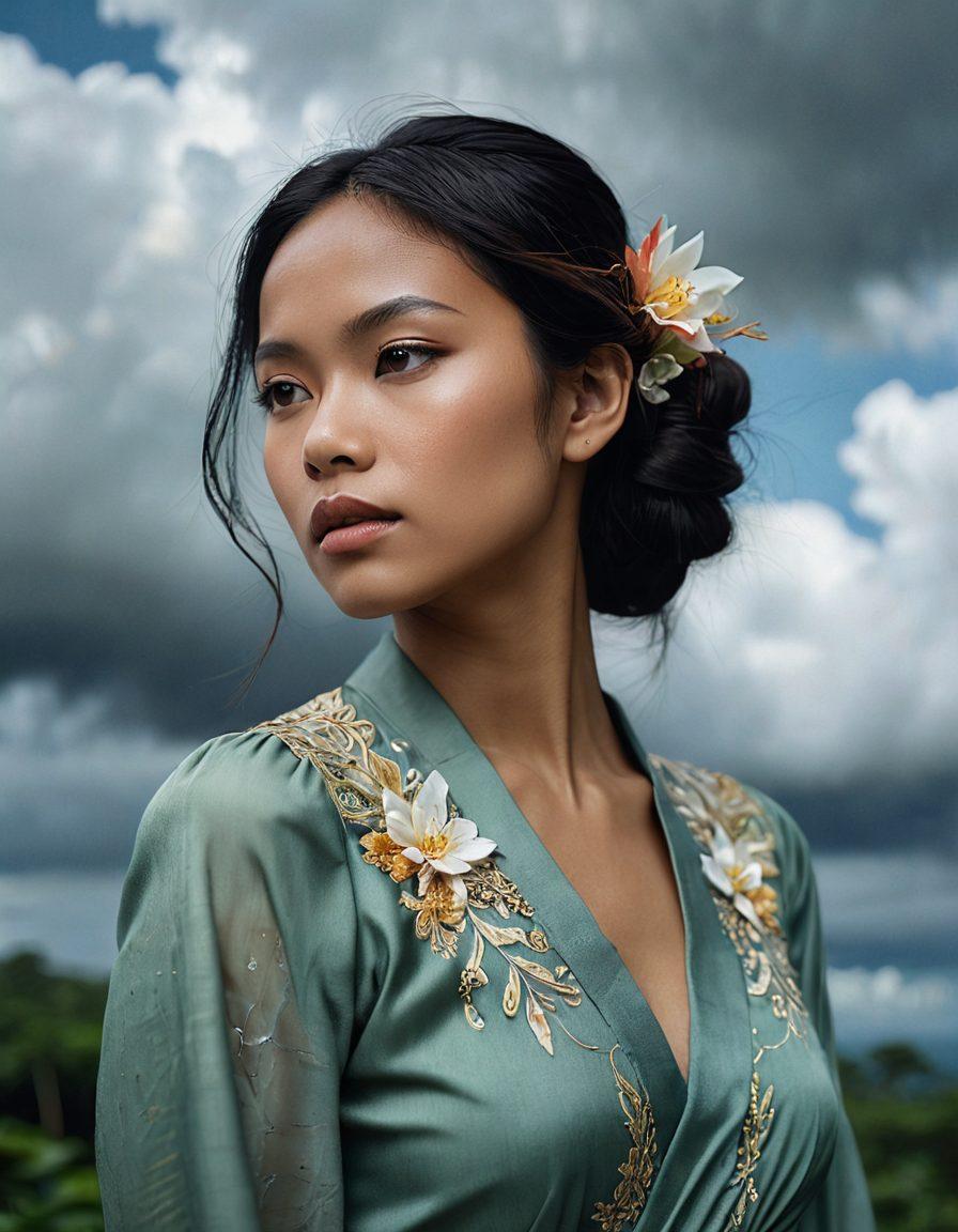 A vibrant and contrasting scene depicting a Filipina woman transitioning from a contemplative, melancholic state to one of vibrant passion. The left side of the image shows her in soft, muted tones, surrounded by misty clouds, while the right side bursts into vivid colors, highlighting her confident expression and flowing dress. Incorporate elements of Filipino culture, like tropical flowers and traditional motifs, intertwining the two sides. Use rich textures to evoke a sense of depth and emotion. super-realistic. vibrant colors. 3D.