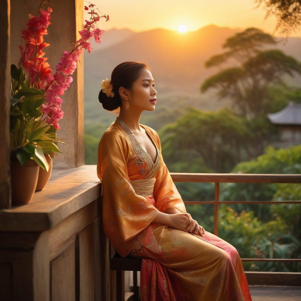 A mesmerizing scene depicting a Pinay woman in traditional attire, sitting on a balcony overlooking a sunset-drenched landscape, with her expression reflecting both melancholy and desire. Surround her with symbolic elements like blossoming flowers and flowing fabrics to enhance the theme of passion. Include soft, warm lighting to evoke emotions and mystery. The background should have hints of exotic landscapes, moodily lit. super-realistic. vibrant colors. artistic canvas.